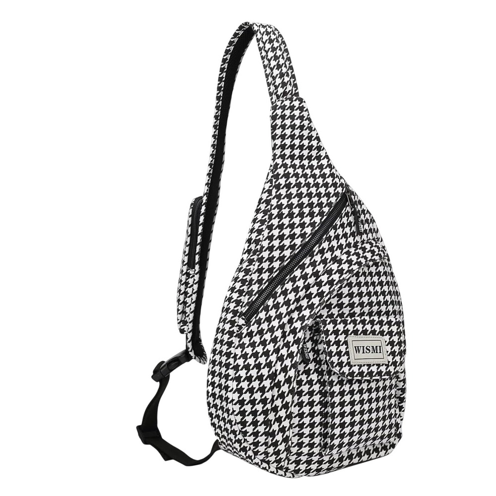 WISMI Houndstooth Sling Bag Black White Canvas Crossbody Travel Backpack Unisex